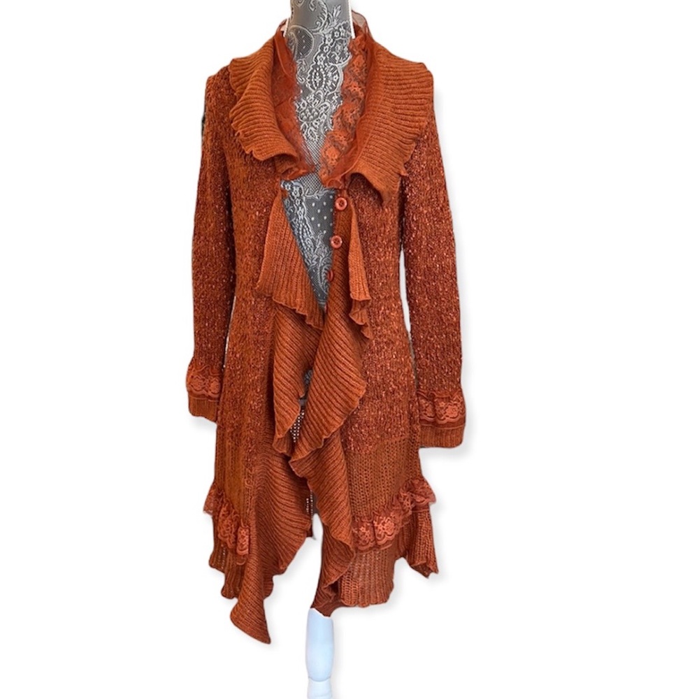 Jamie Gries burnt orange  boho sweater cardigan lace & ruffle trim size small - Picture 3 of 13